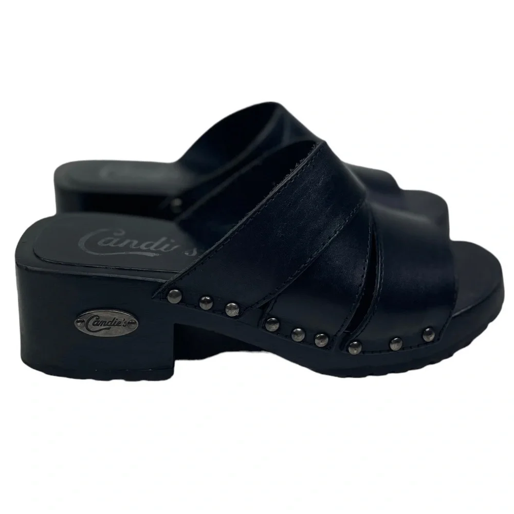 Candies Y2K Women’s Black Leather Chunky Heel Sandals